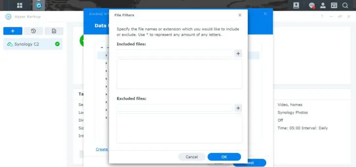 Synology Hybrid Backup mappen en filters Synology Hybrid Backup select
