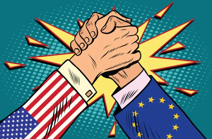 Usa,Vs,Eu,Policy,And,Competition,,Arm,Wrestling,Fight,Confrontation,
