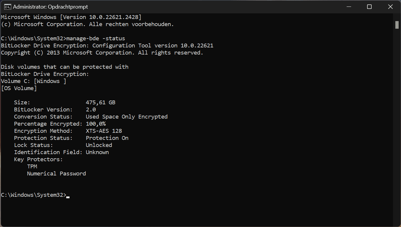 Bitlocker Bitlocker ingeschakeld