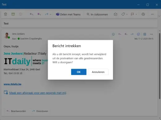 email intrekken outlook