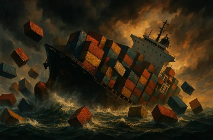 Containers van containerschip dat zinkt