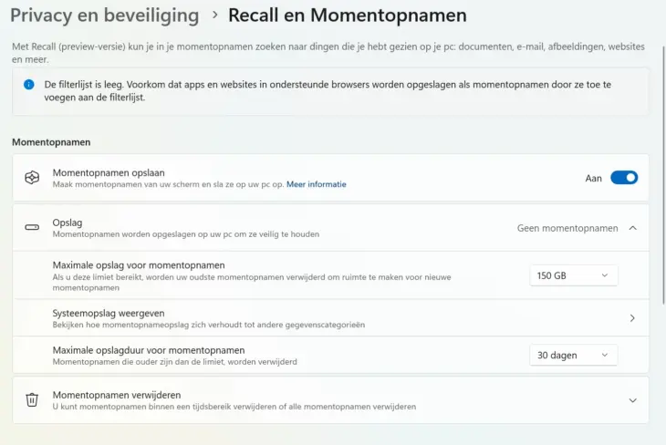 recall instellingen 2 recall intellingen