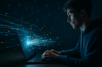 Een persoon die achter een laptop of smartphone zit, met een lichtreflectie van data- of netwerkverbindingen op het scherm.