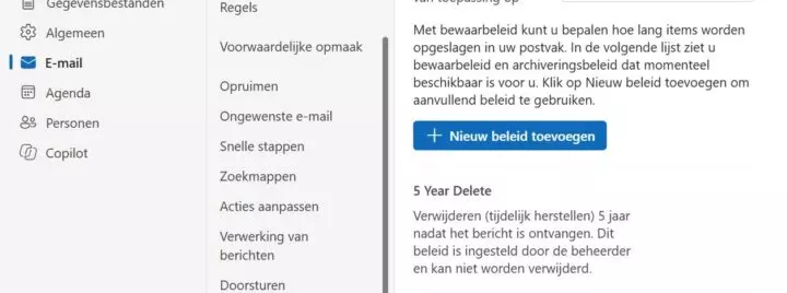 outlook bewaarbeleid