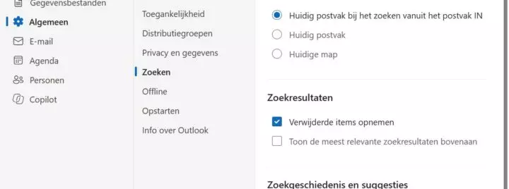 outlook instellingen voor zoeken