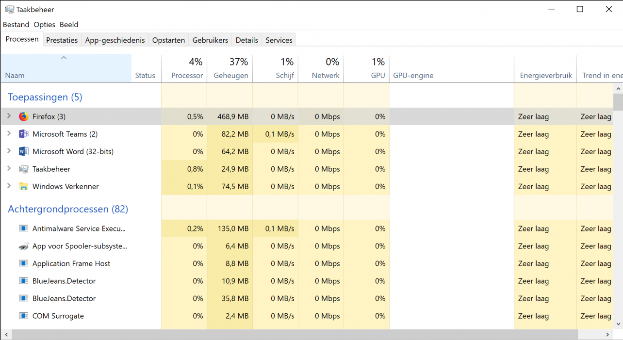 Windows 10 taakbeheer energieverbruik