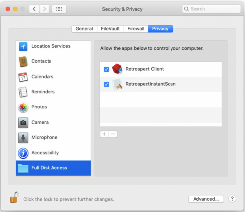 macOS Mojave Full Disk Access Retrospect Client