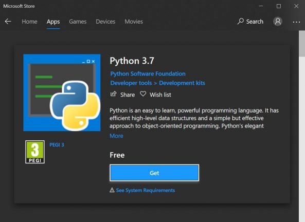 Python beschikbaar in WIndows Store