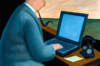 DALL·E 2022-09-29 09.39.10 - an oil painting of magritte typing on laptop (2)