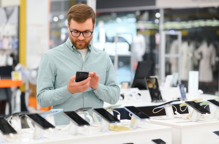 Happy,Man,Chooses,Mobile,Phone,In,Electronics,Store.