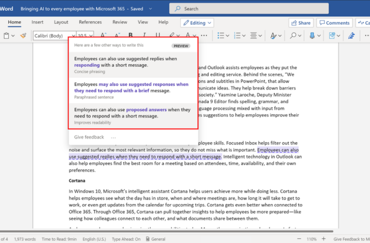Microsoft Word Rewriting Suggestions